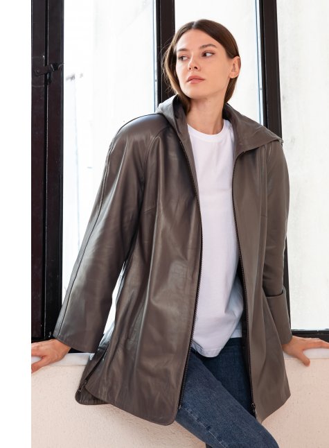Oversize Gümüş Kadın Hakiki Deri Kaban