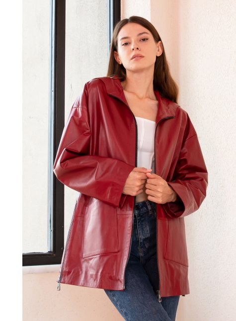 Oversize Kırmızı Kadın Hakiki Deri Kaban