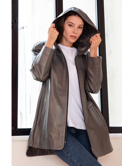 Oversize Gümüş Kadın Hakiki Deri Kaban