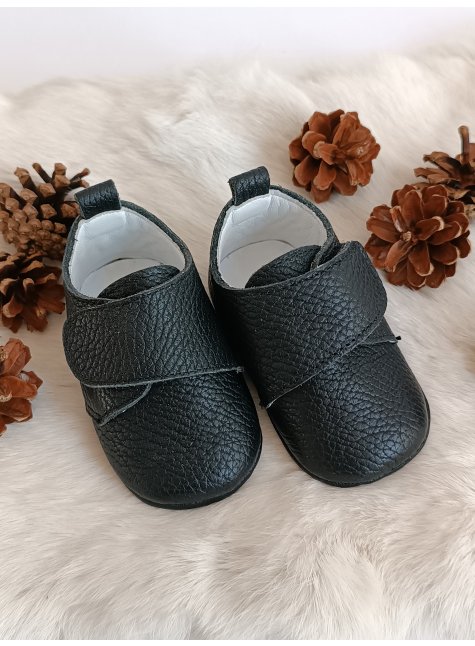 Siyah Hakiki Deri Cırt Cırtlı Bebek Ayakkabı