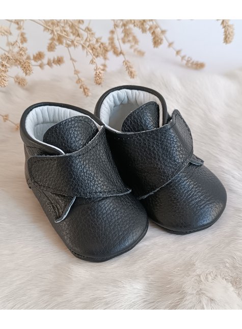 Hakiki Siyah Deri Cırt Cırtlı Bebek Botu