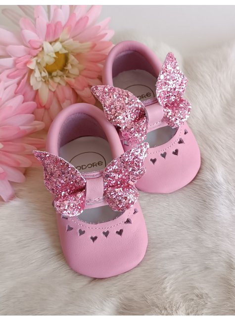 Alice Kelebek Taşlı Pembe Hakiki Deri Bebek Makosen